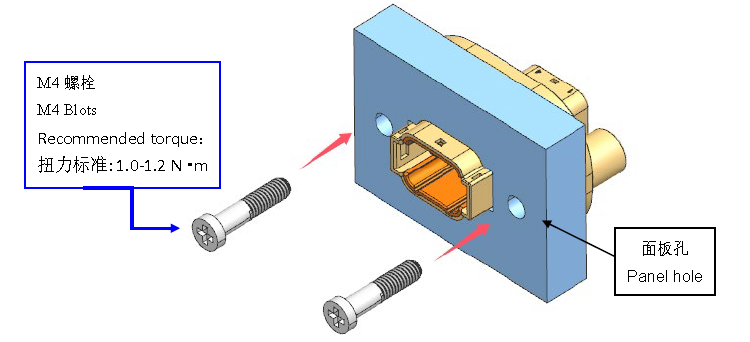 Panel‑mount step 2 for HRB waterproof connector, inserting M4 bolts for housing fixation 2. panelszerelési lépés HRB vízálló csatlakozóhoz, M4 csavarok behelyezése a ház rögzítéséhez