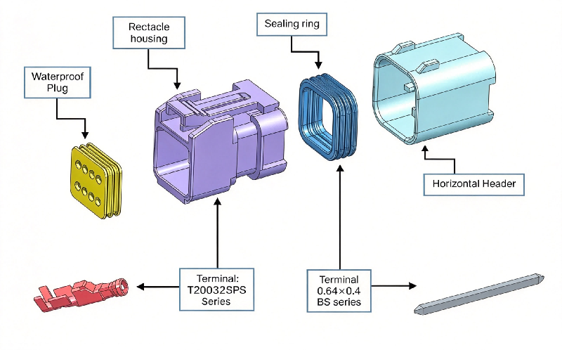 Exploded view of HRB 2.0mm cost-effective type dual‑row wire‑to‑board waterproof connector, housing, silicone seals, pcb header and crimp terminals Robbantott nézet a HRB 2,0 mm-es költséghatékony típusú, kétsoros vezetéktől a kártyáig vízálló csatlakozó, ház, szilikon tömítések, NYÁK fejléc és krimpelő csatlakozók