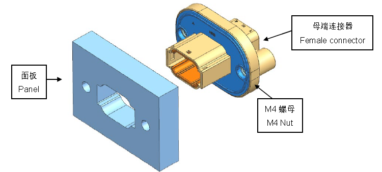Panel‑mount installation step for HRB waterproof female connector, technical drawing Panelre szerelhető beépítési lépés HRB vízálló anya csatlakozóhoz, műszaki rajz