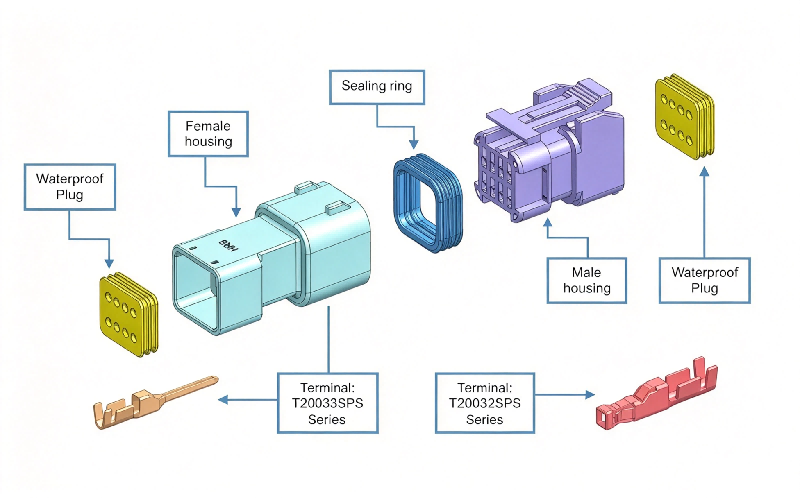 Exploded view of HRB 2.0mm cost-effective type wire‑to‑wire waterproof connector, male & female housing, silicone seals and crimp terminals Robbantott nézet a HRB 2,0 mm-es költséghatékony típusú vezeték-vezetékre vízálló csatlakozóról, dugaszoló- és anyaházról, szilikon tömítésekről és krimpelési kapcsokról