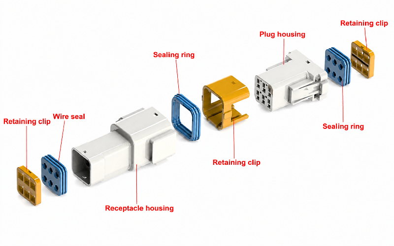 Exploded view of HRB 3.0mm panel mount waterproof connector with seal, clip and terminals HRB 3,0 mm-es panelre szerelhető vízálló csatlakozó robbantott nézete tömítéssel, klipszel és kivezetésekkel